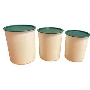 Vintage Tupperware Canister Set of 3 Forest Green Lids White Bases Made in USA